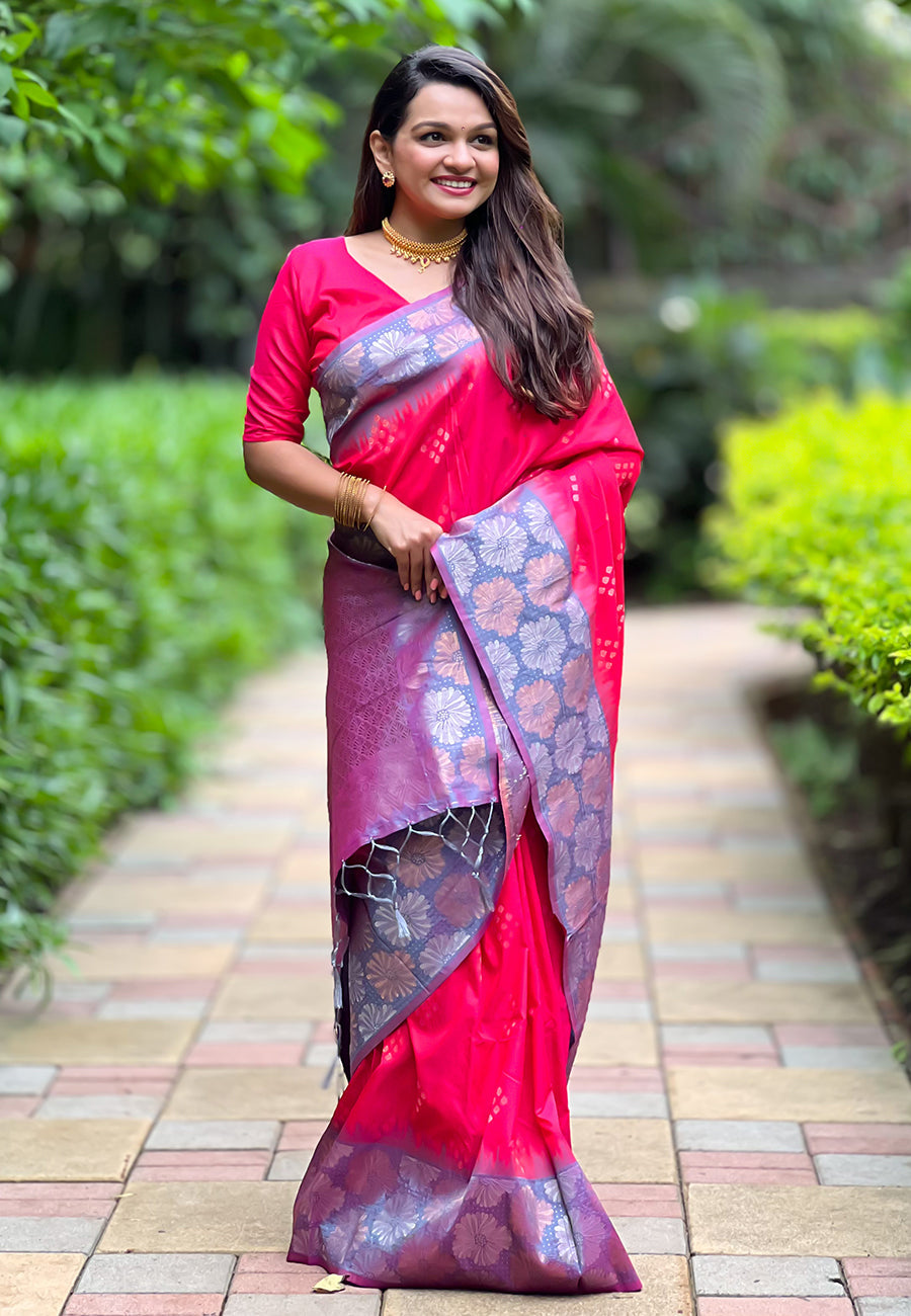 Hot pink soft silk floral border contrast zari woven saree