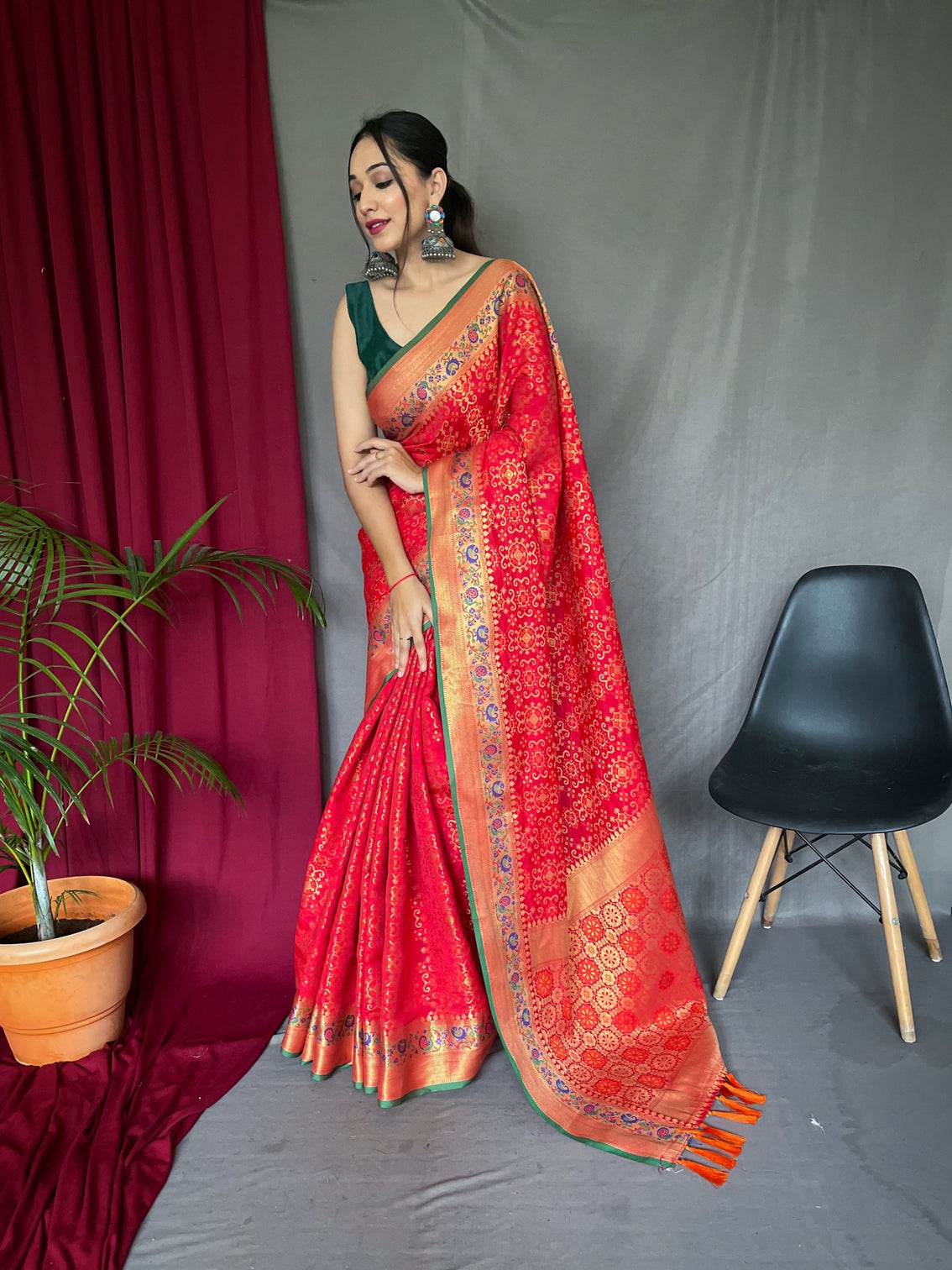 Red Saree in Bandhej Patola Silk