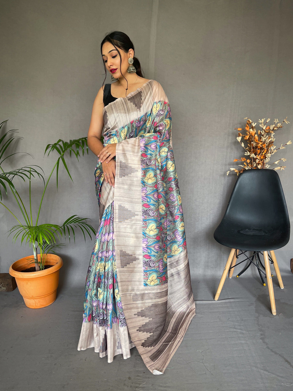 Summer Green Saree in Cotton Kalamkari Print