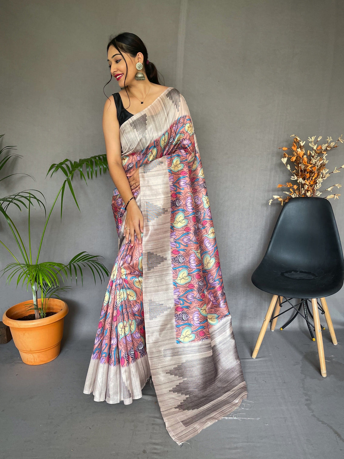 Peach Saree in Cotton Kalamkari Print