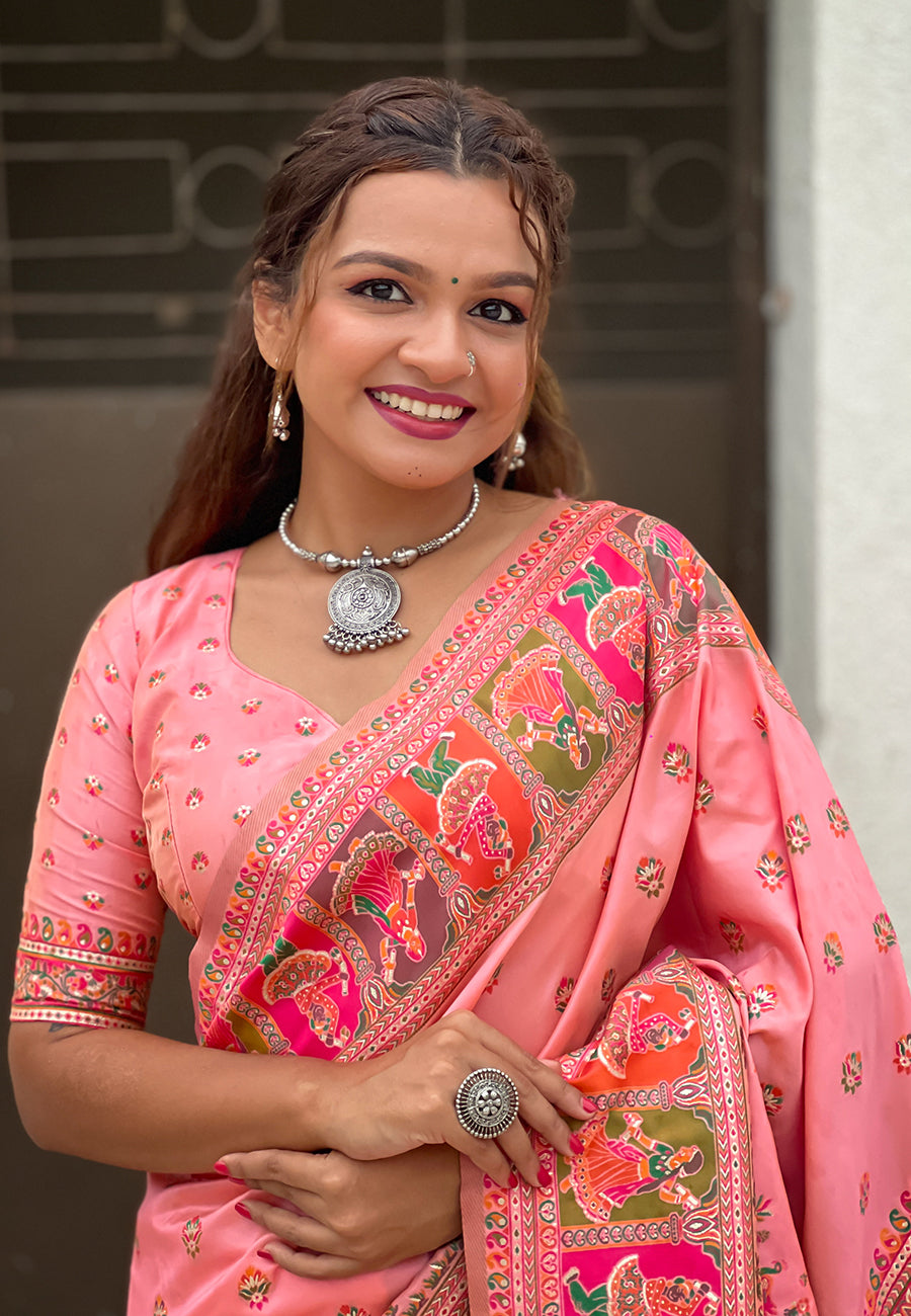 Pink pashmina kashmiri silk zari woven saree