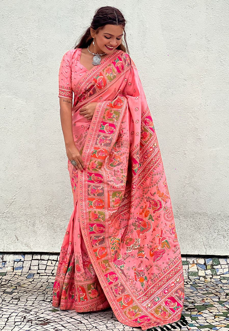 Pink pashmina kashmiri silk zari woven saree