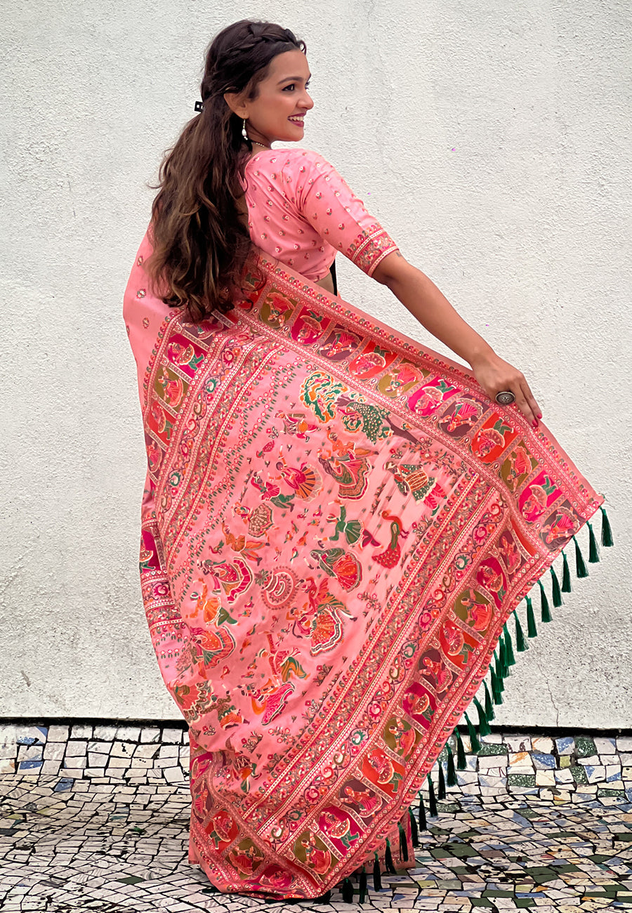 Pink pashmina kashmiri silk zari woven saree