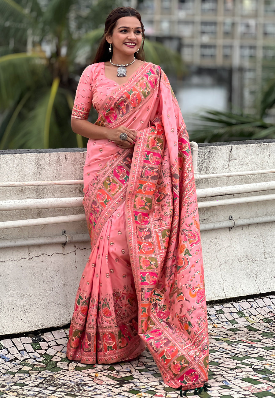 Pink pashmina kashmiri silk zari woven saree