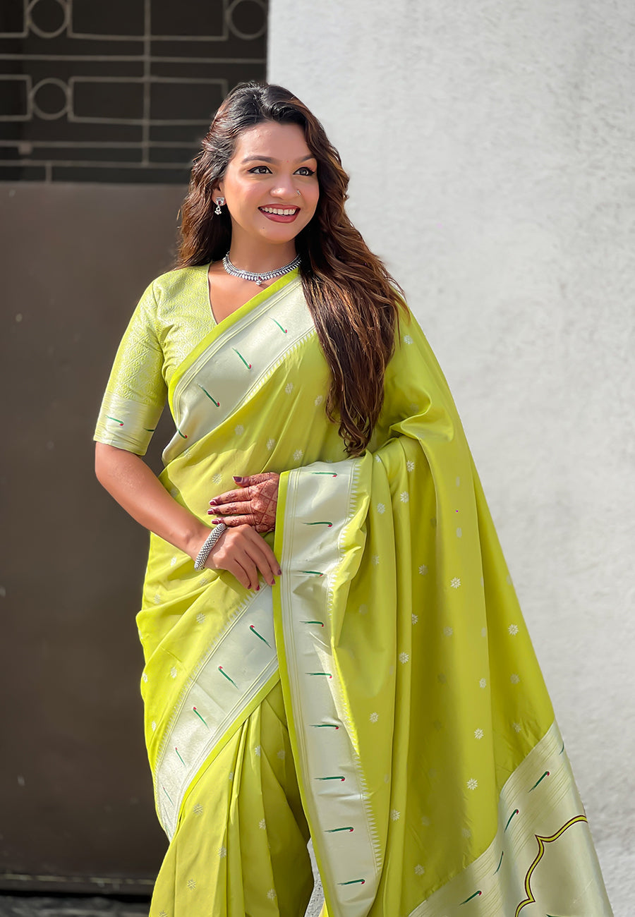 Green zari woven peacock lotus paithani silk saree