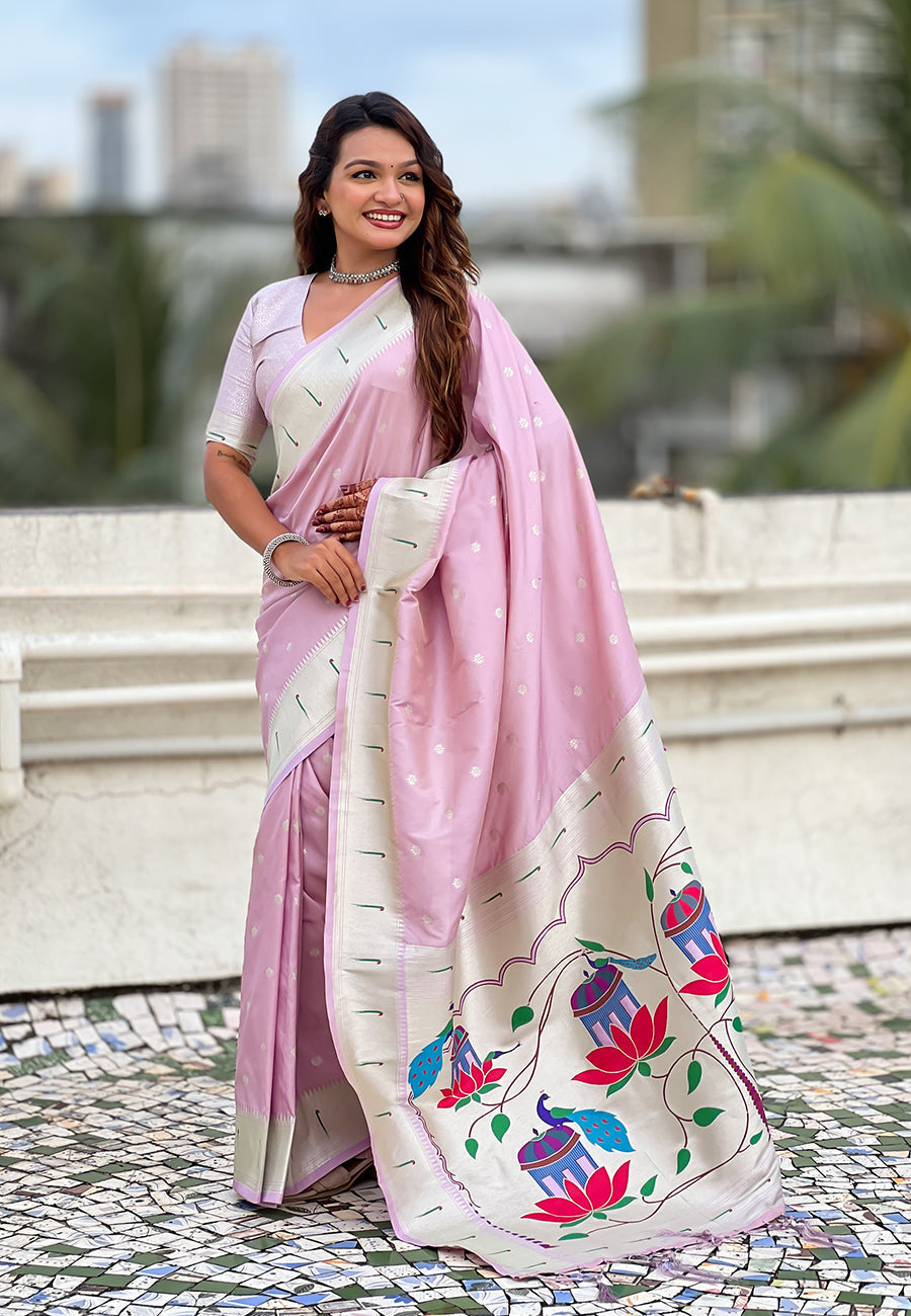 Lavender pastel zari woven peacock lotus paithani silk saree