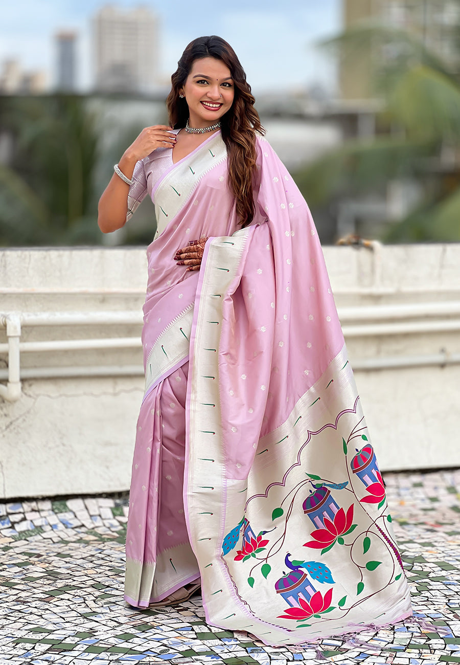 Lavender pastel zari woven peacock lotus paithani silk saree
