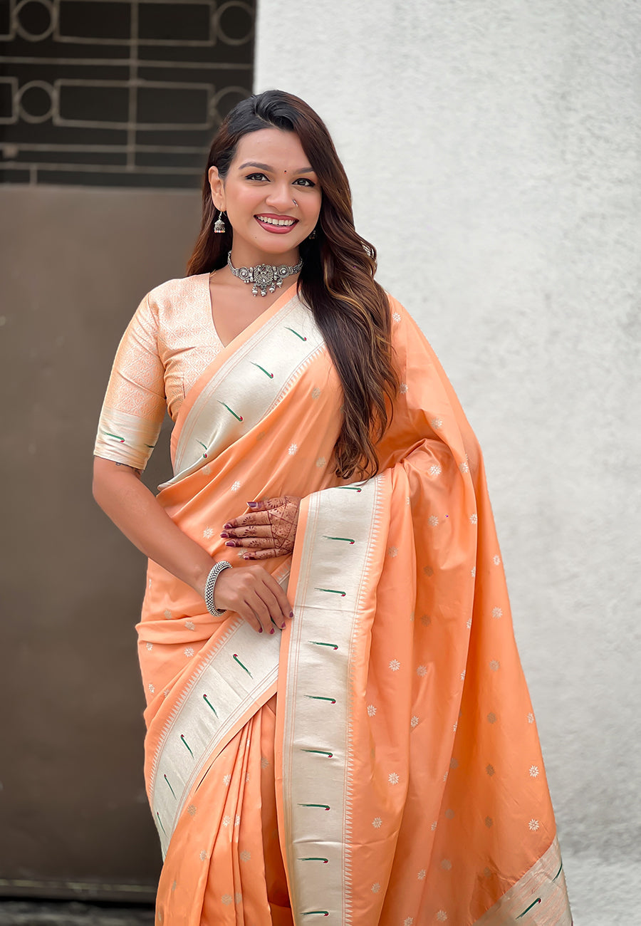 Peach pastel zari woven peacock lotus paithani silk saree