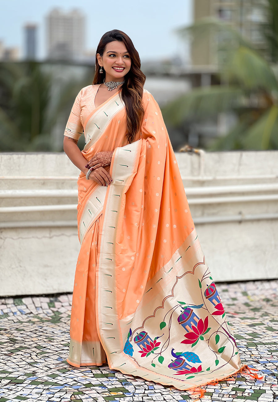 Peach pastel zari woven peacock lotus paithani silk saree