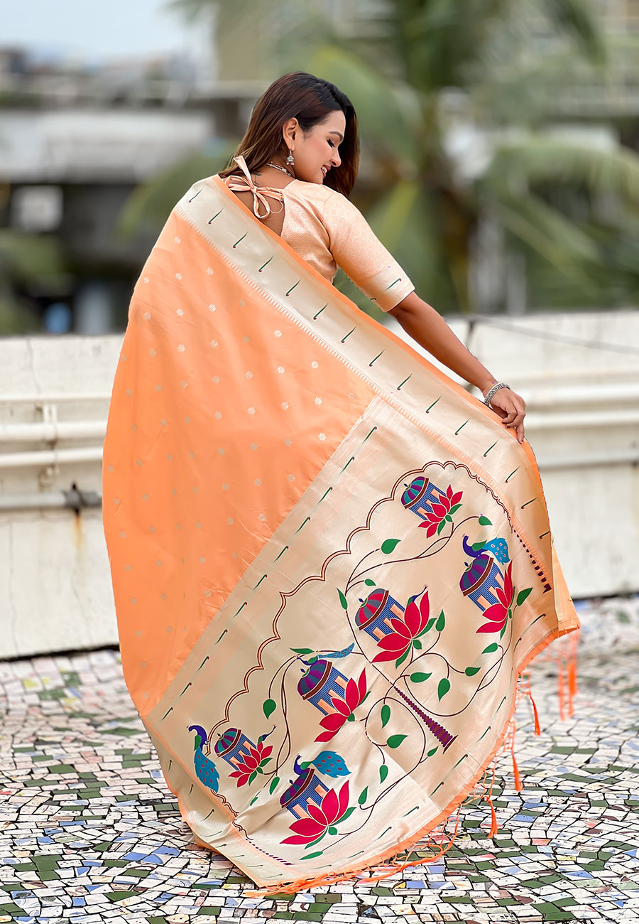 Peach pastel zari woven peacock lotus paithani silk saree