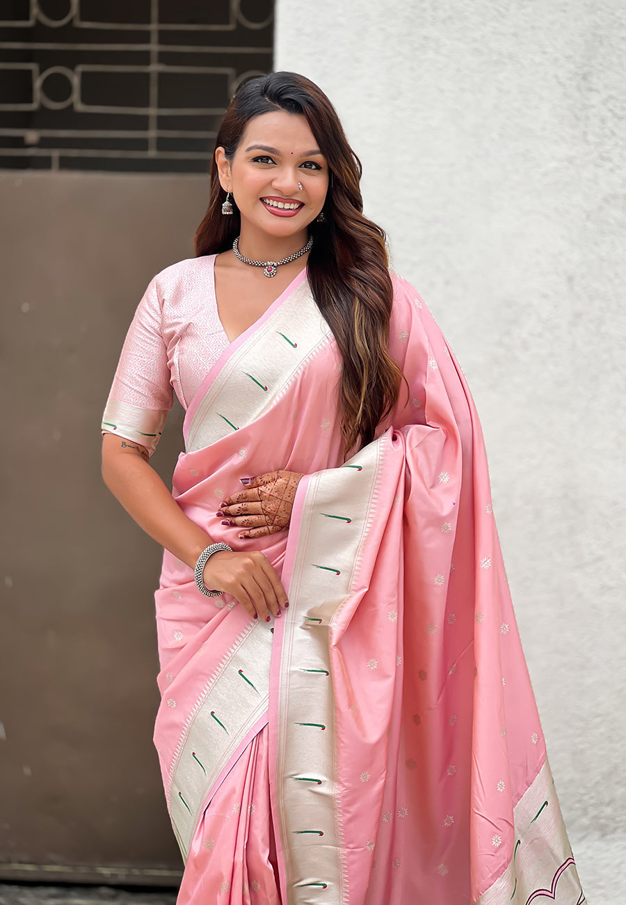 Baby pink pastel zari woven peacock lotus paithani silk saree
