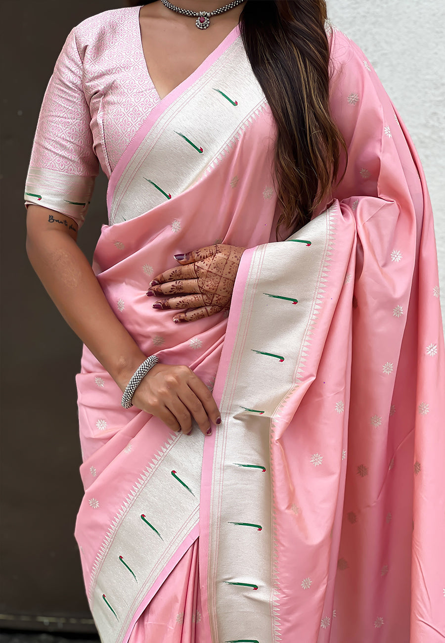 Baby pink pastel zari woven peacock lotus paithani silk saree