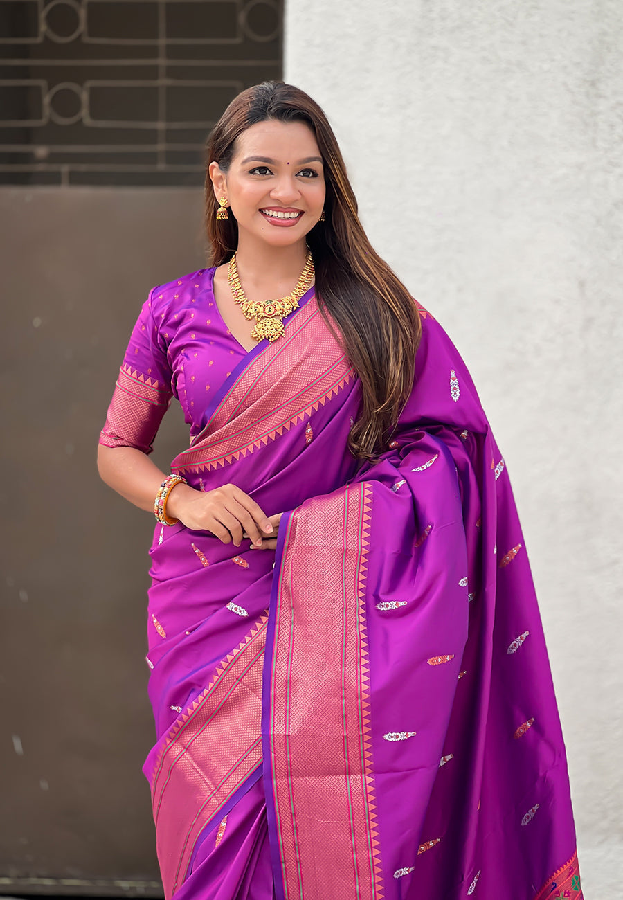 Purple dual zari woven yeola traditional paithani silk saree