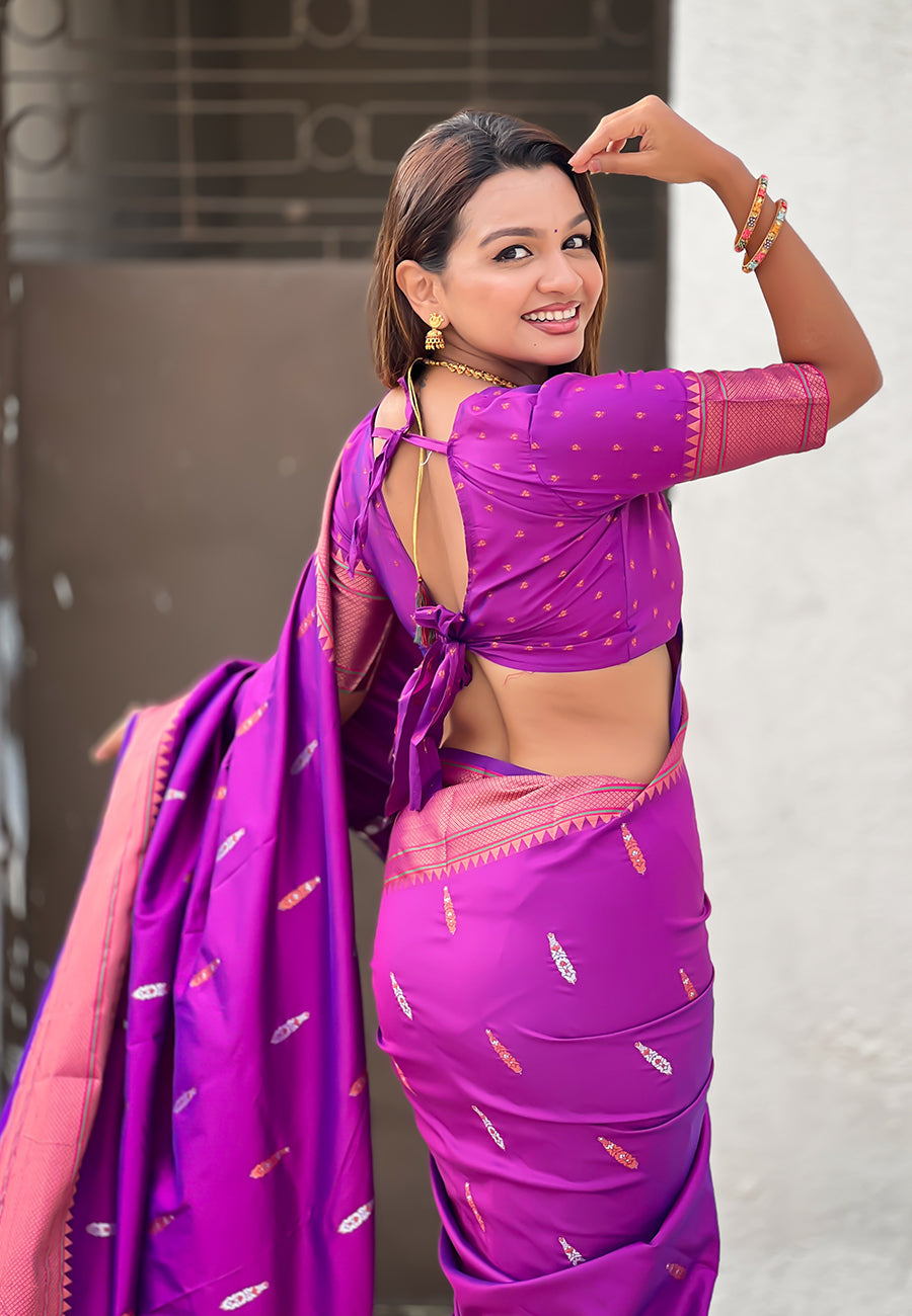Purple dual zari woven yeola traditional paithani silk saree