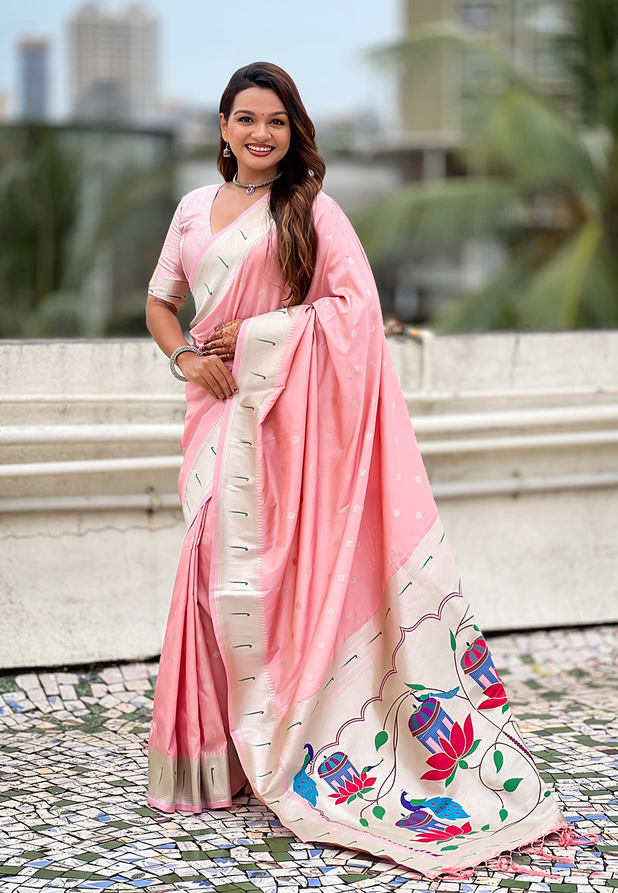 Baby pink pastel zari woven peacock lotus paithani silk saree