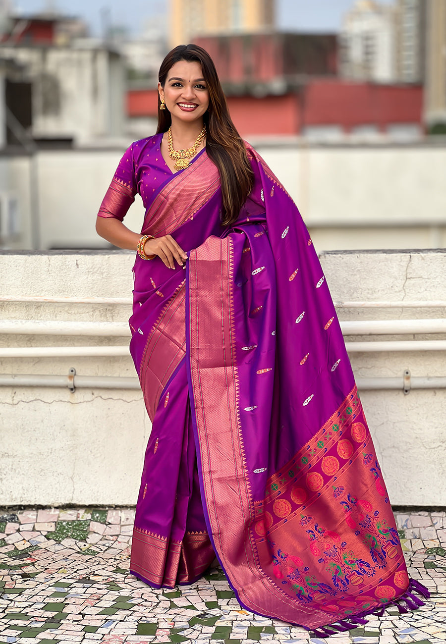 Purple dual zari woven yeola traditional paithani silk saree