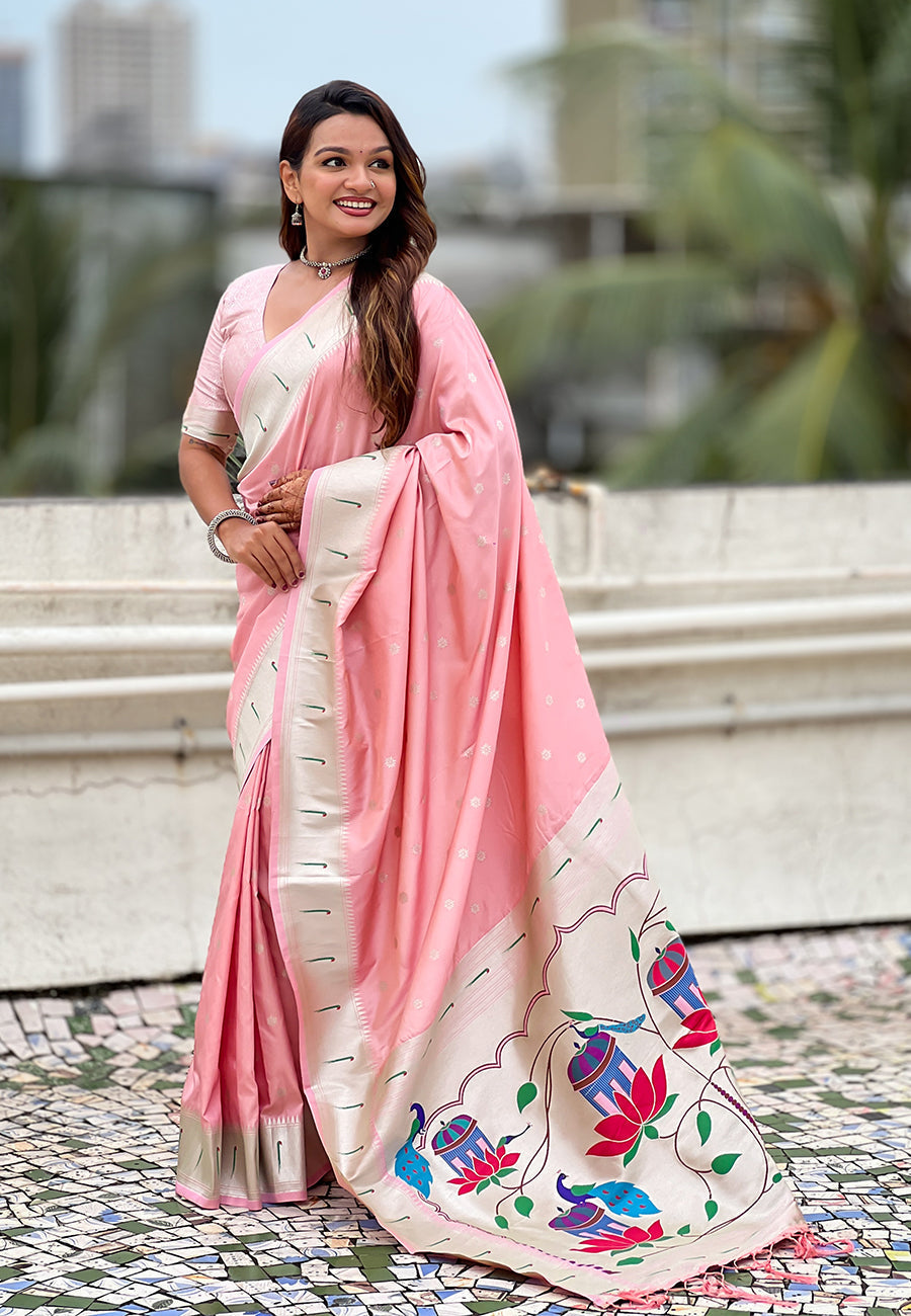 Baby pink pastel zari woven peacock lotus paithani silk saree
