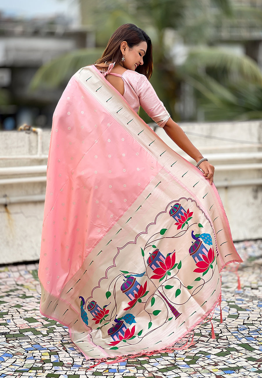 Baby pink pastel zari woven peacock lotus paithani silk saree