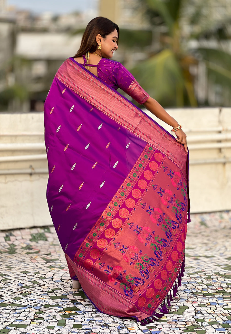 Purple dual zari woven yeola traditional paithani silk saree