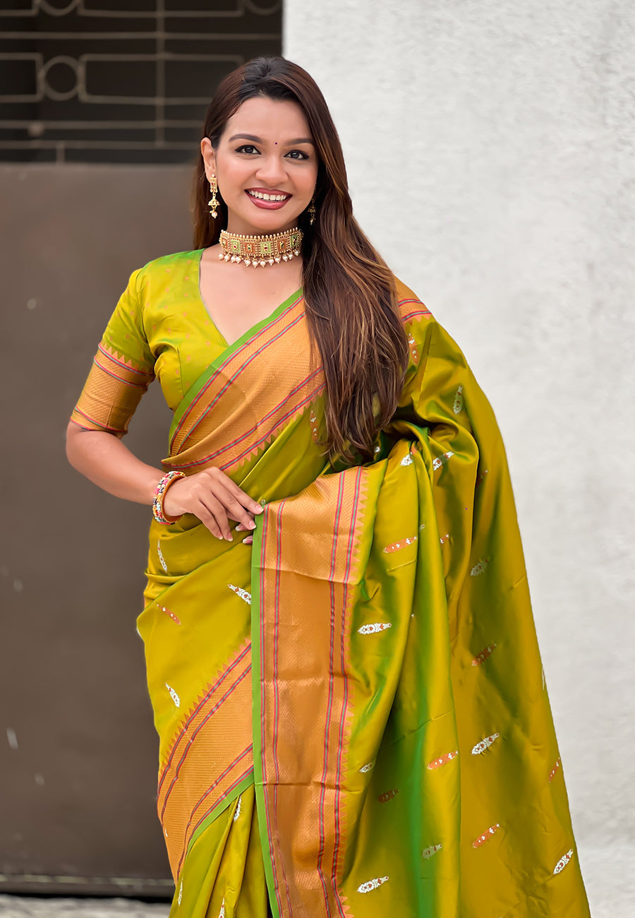 Mehendi green dual zari woven yeola traditional paithani silk saree