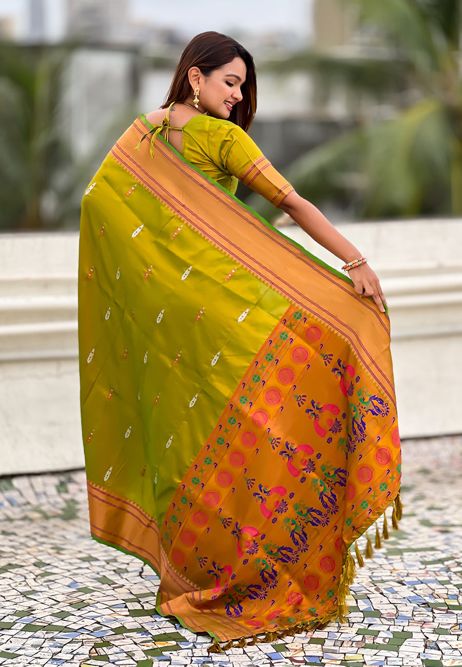 Mehendi green dual zari woven yeola traditional paithani silk saree