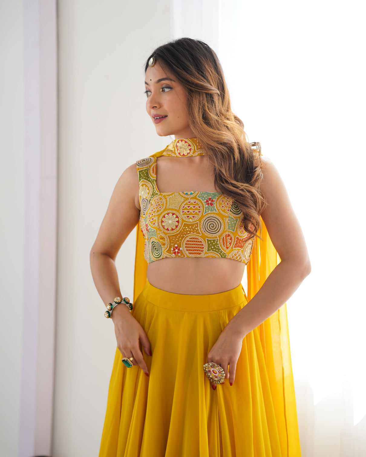 Radiant yellow pure soft fox georgette embroidered lehenga choli 8 meter flair