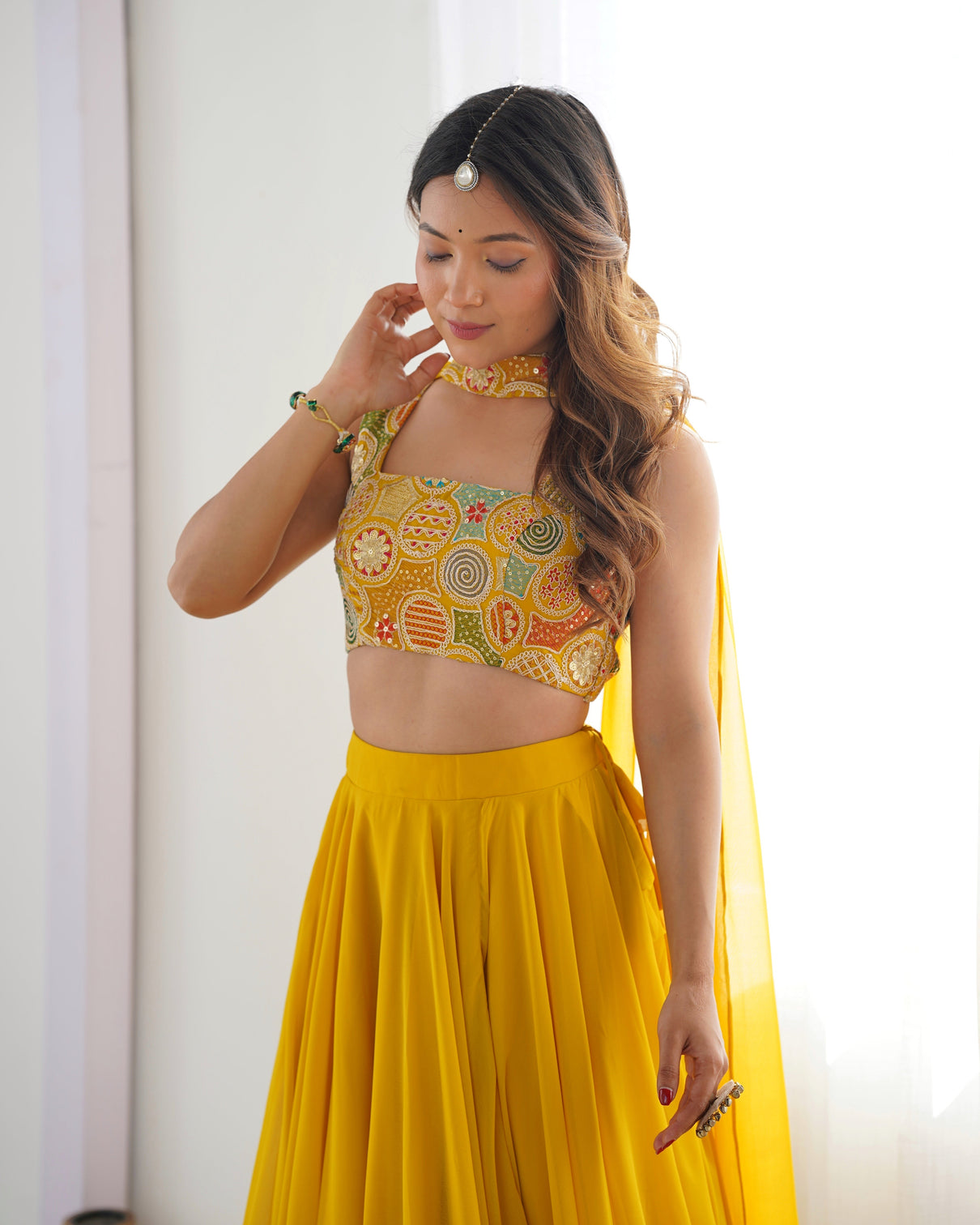Radiant yellow pure soft fox georgette embroidered lehenga choli 8 meter flair
