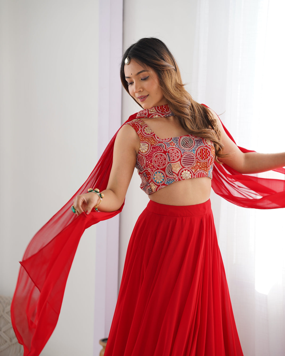 Radiant red pure soft fox georgette lehenga choli an ethereal blend of elegance festivity