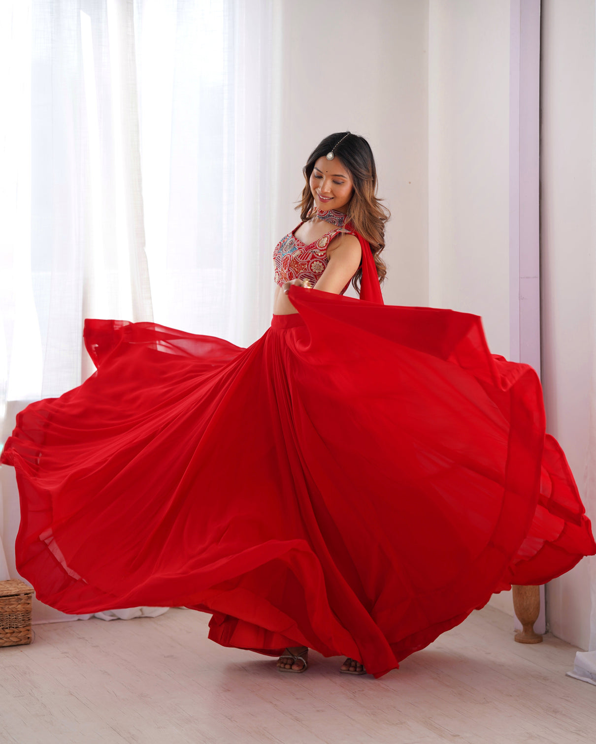Radiant red pure soft fox georgette lehenga choli an ethereal blend of elegance festivity