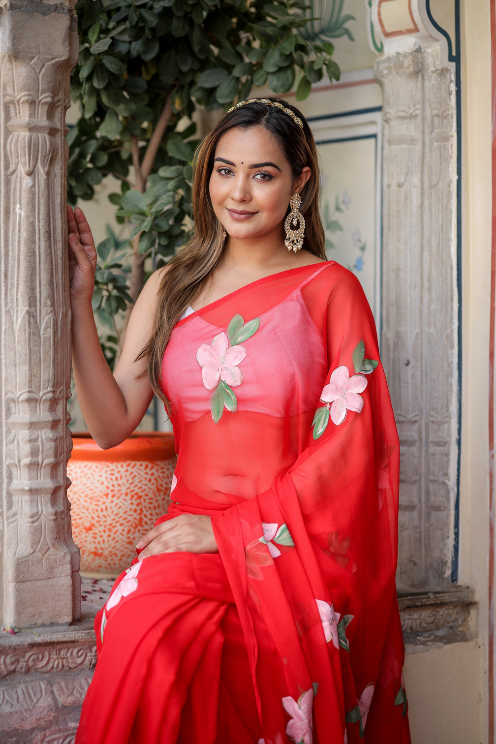 Crimson Red Georgette Saree with Hand-Painted Pink Floral Motifs – Attached Blouse – 5.5 Meters