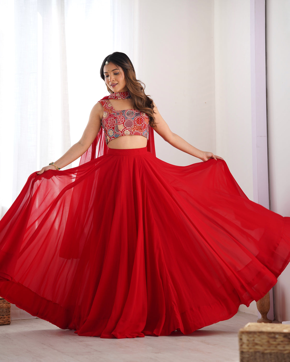 Radiant red pure soft fox georgette lehenga choli an ethereal blend of elegance festivity mameraa