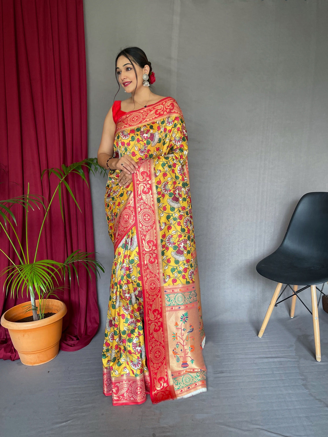 Saffron Mango Saree in Kalamkari Printed Paithani Silk