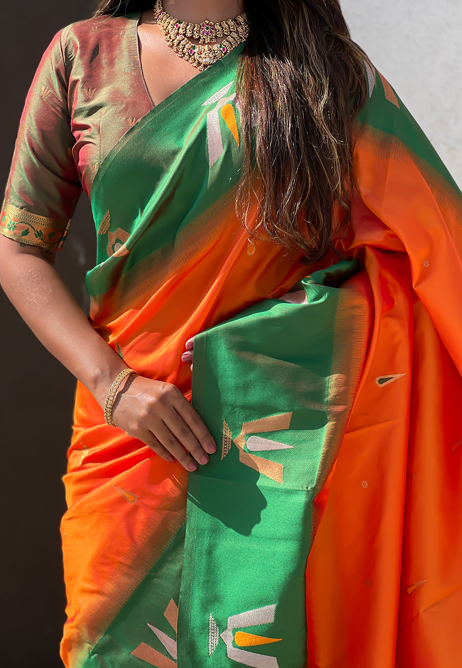 Orange south traditional tilak contrast soft silk zari woven saree