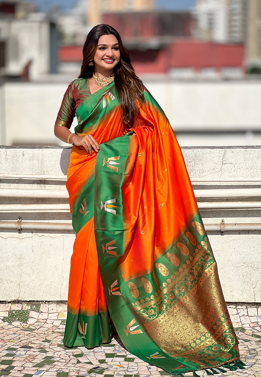 Orange south traditional tilak contrast soft silk zari woven saree