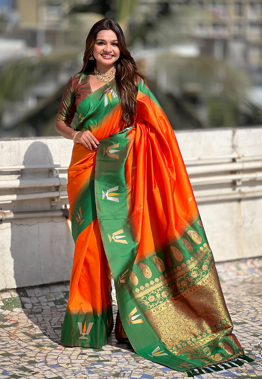Orange south traditional tilak contrast soft silk zari woven saree