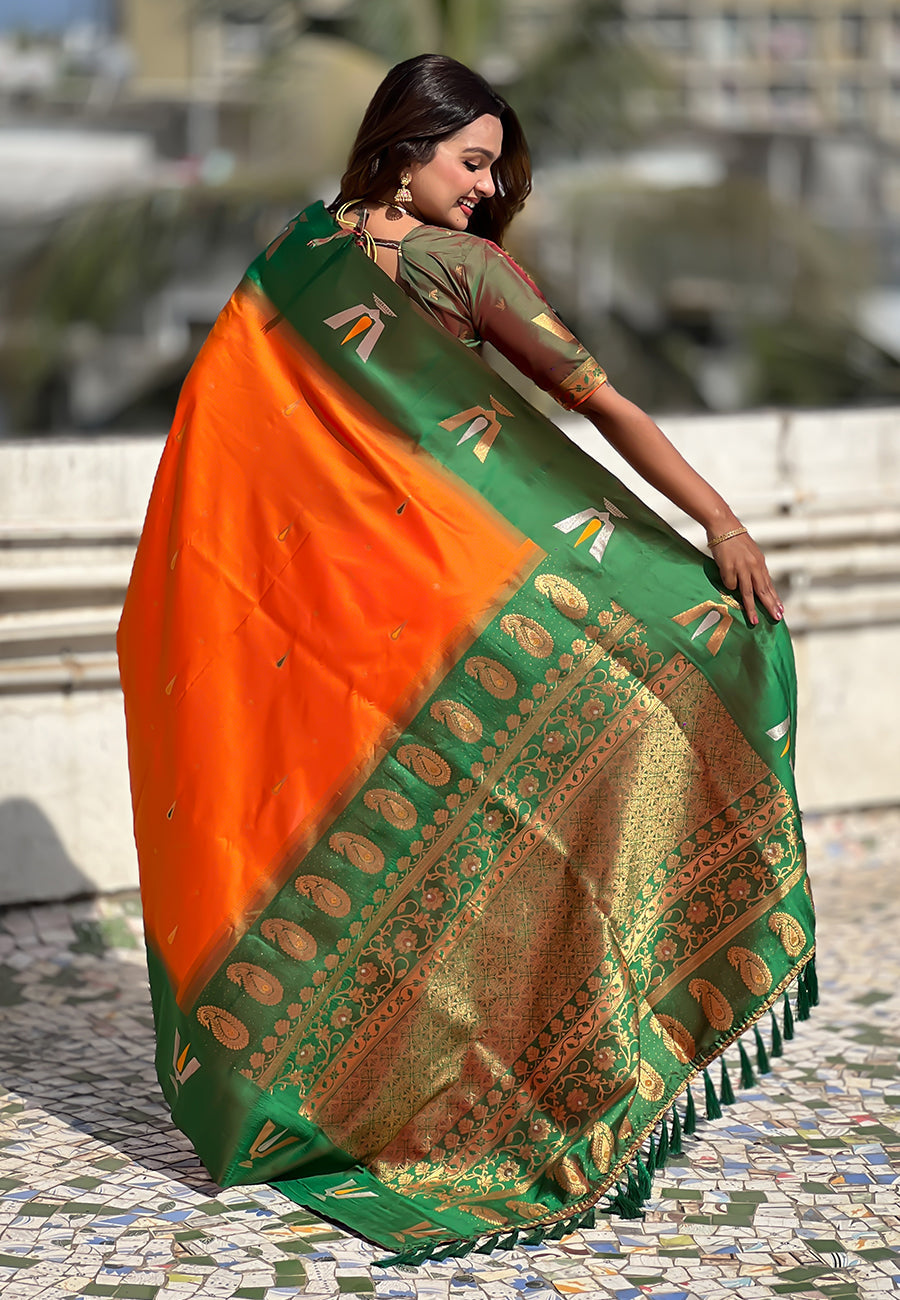 Orange south traditional tilak contrast soft silk zari woven saree
