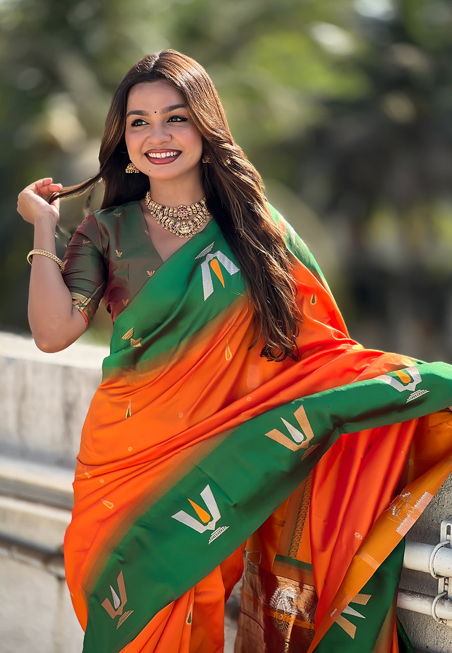Orange south traditional tilak contrast soft silk zari woven saree