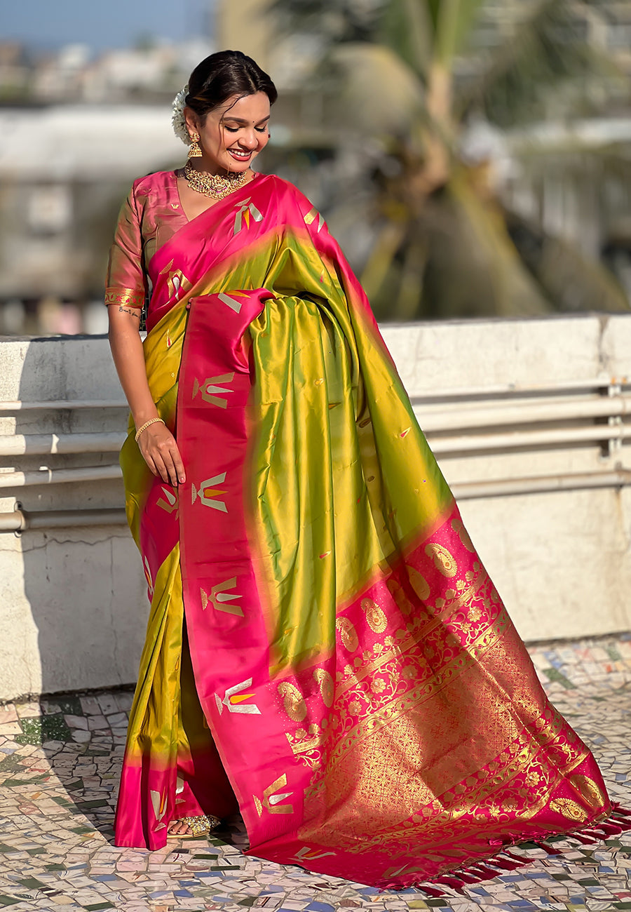 Mehendi green south traditional tilak contrast soft silk zari woven saree