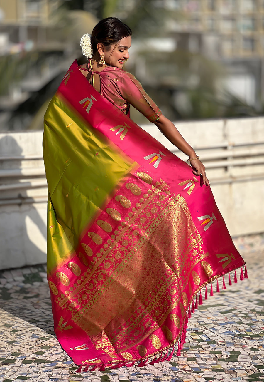 Mehendi green south traditional tilak contrast soft silk zari woven saree