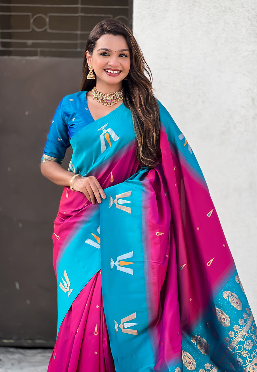 Dark pink south traditional tilak contrast soft silk zari woven saree