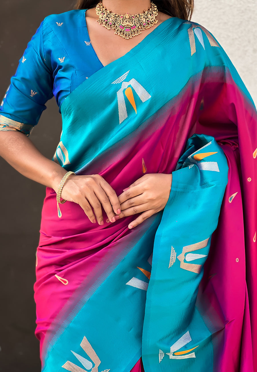 Dark pink south traditional tilak contrast soft silk zari woven saree
