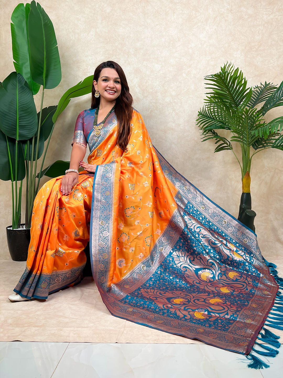 Orange banarasi jaal zari woven silk saree