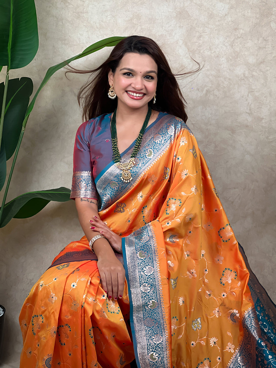 Orange banarasi jaal zari woven silk saree