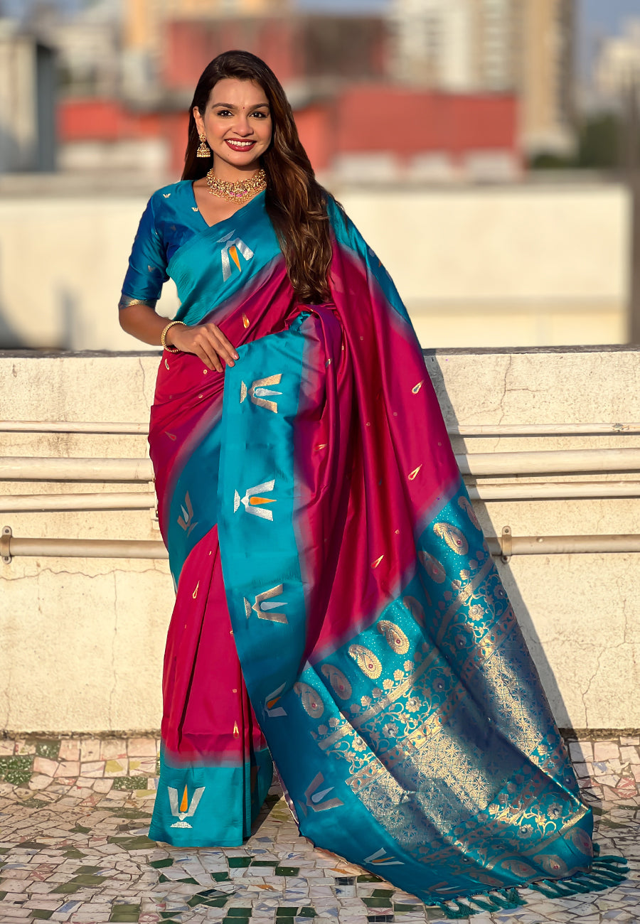 Dark pink south traditional tilak contrast soft silk zari woven saree