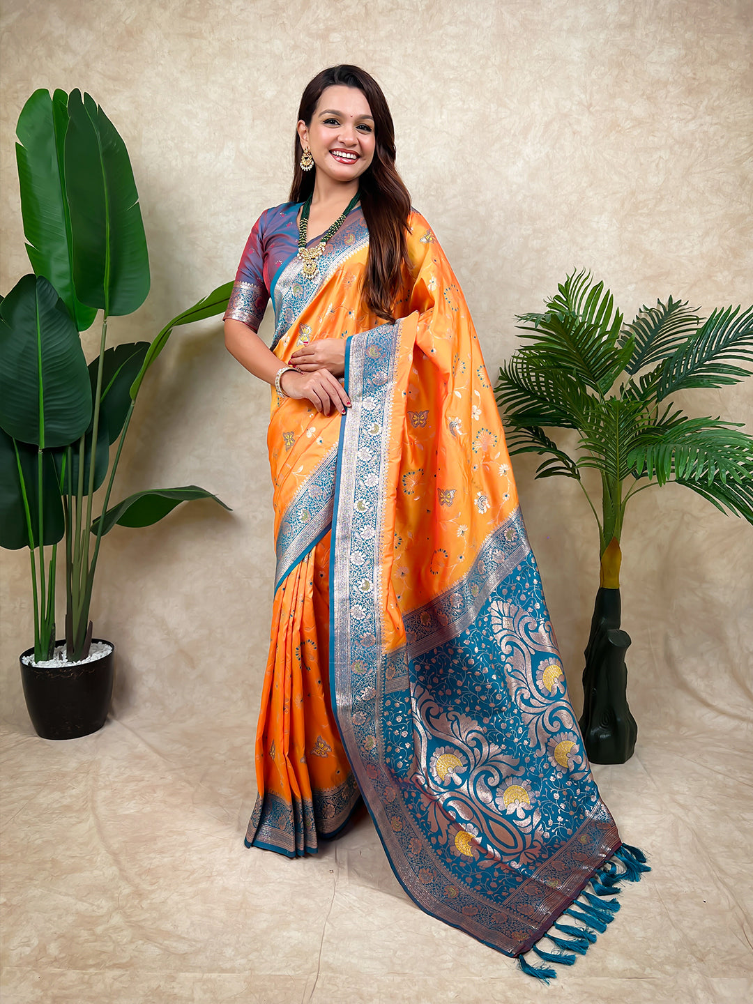 Orange banarasi jaal zari woven silk saree