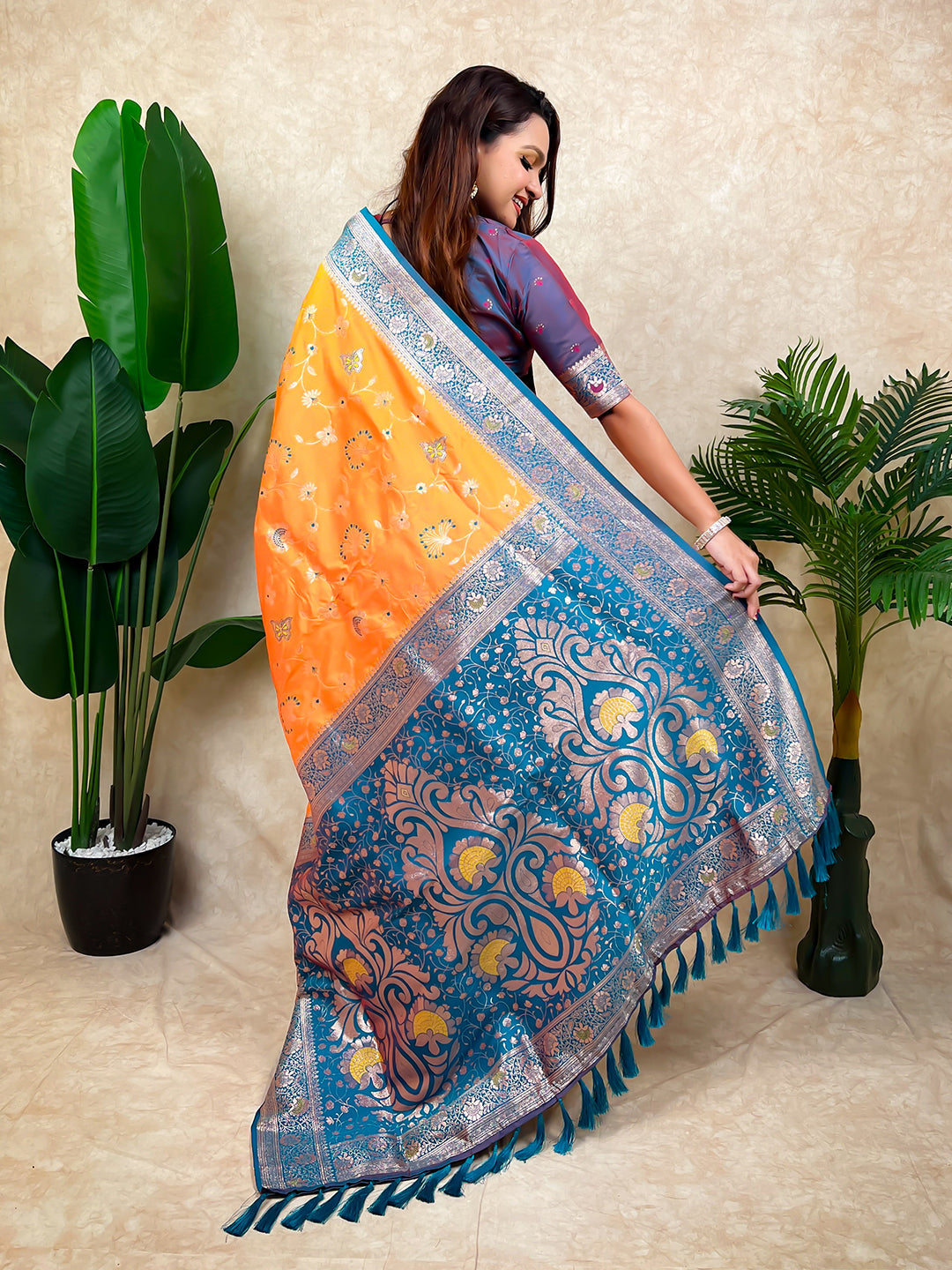 Orange banarasi jaal zari woven silk saree