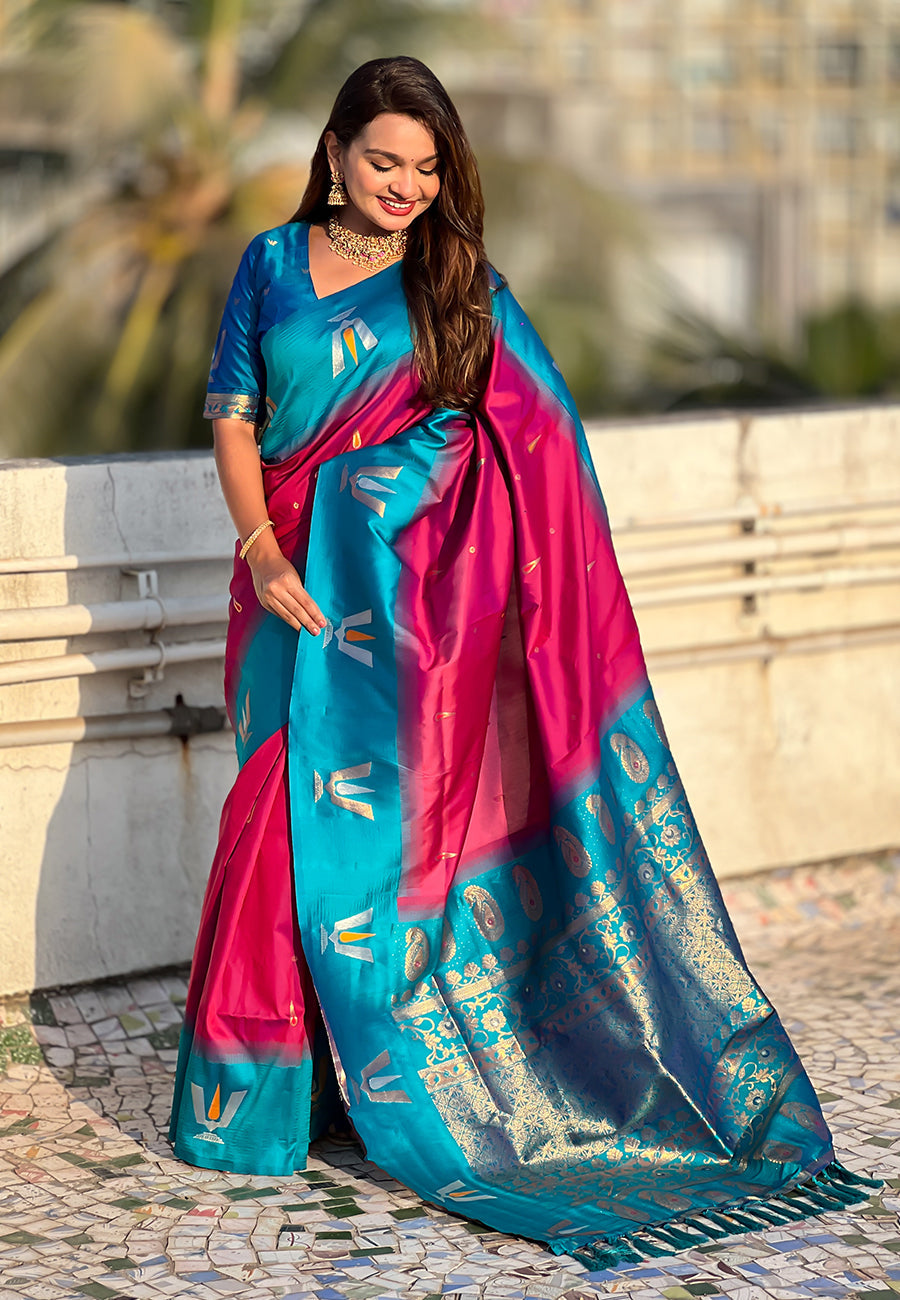 Dark pink south traditional tilak contrast soft silk zari woven saree