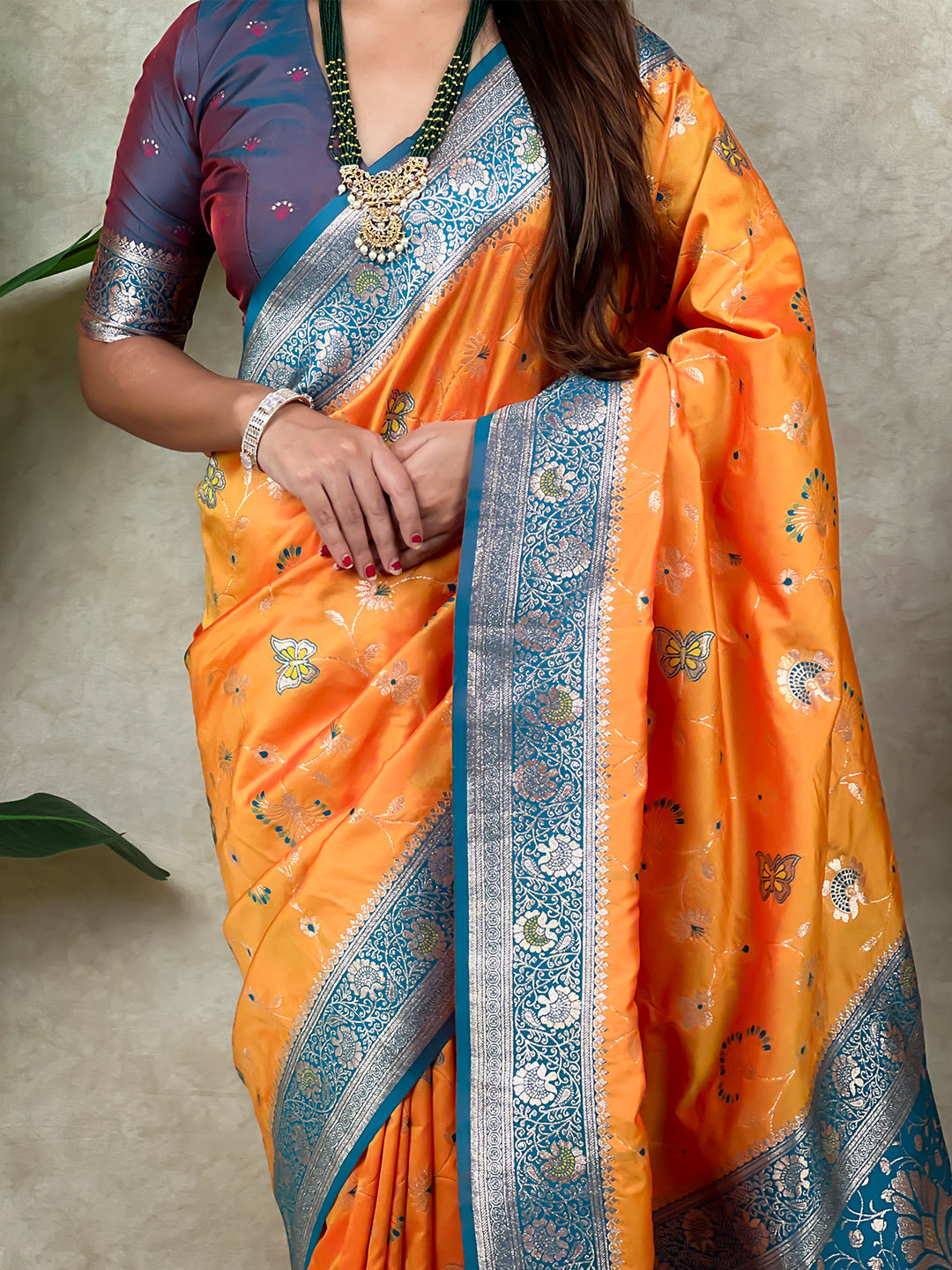Orange banarasi jaal zari woven silk saree