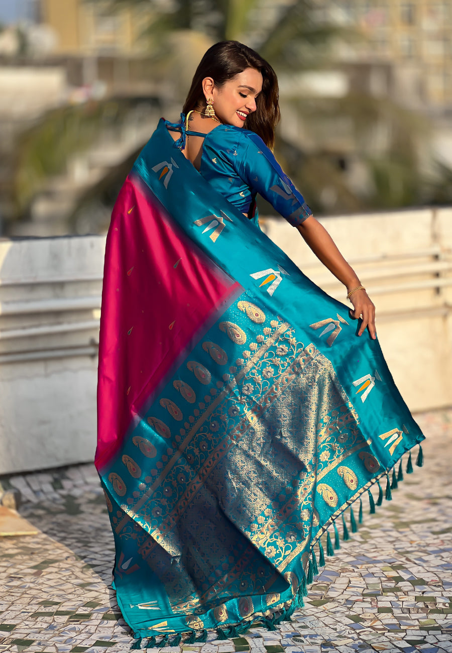 Dark pink south traditional tilak contrast soft silk zari woven saree