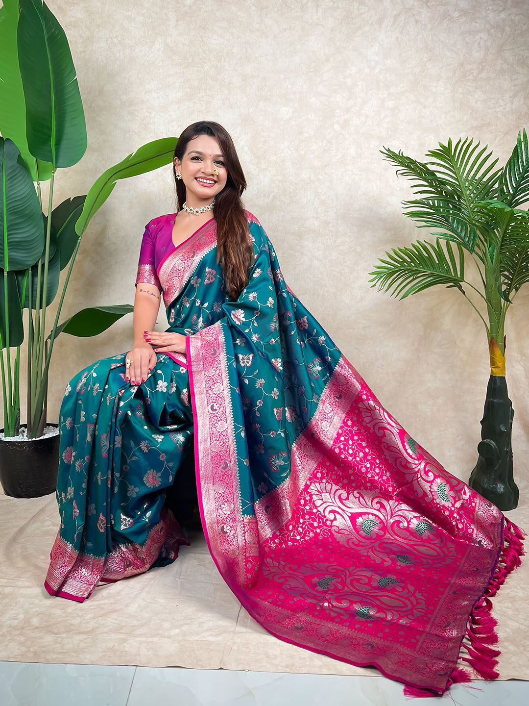 Green banarasi jaal zari woven silk saree